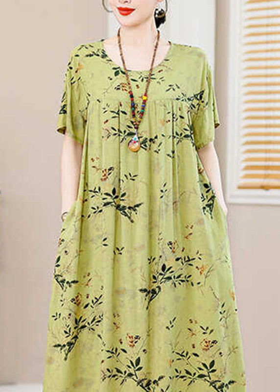 Green Print Pockets Silk Cotton Long Dresses Summer