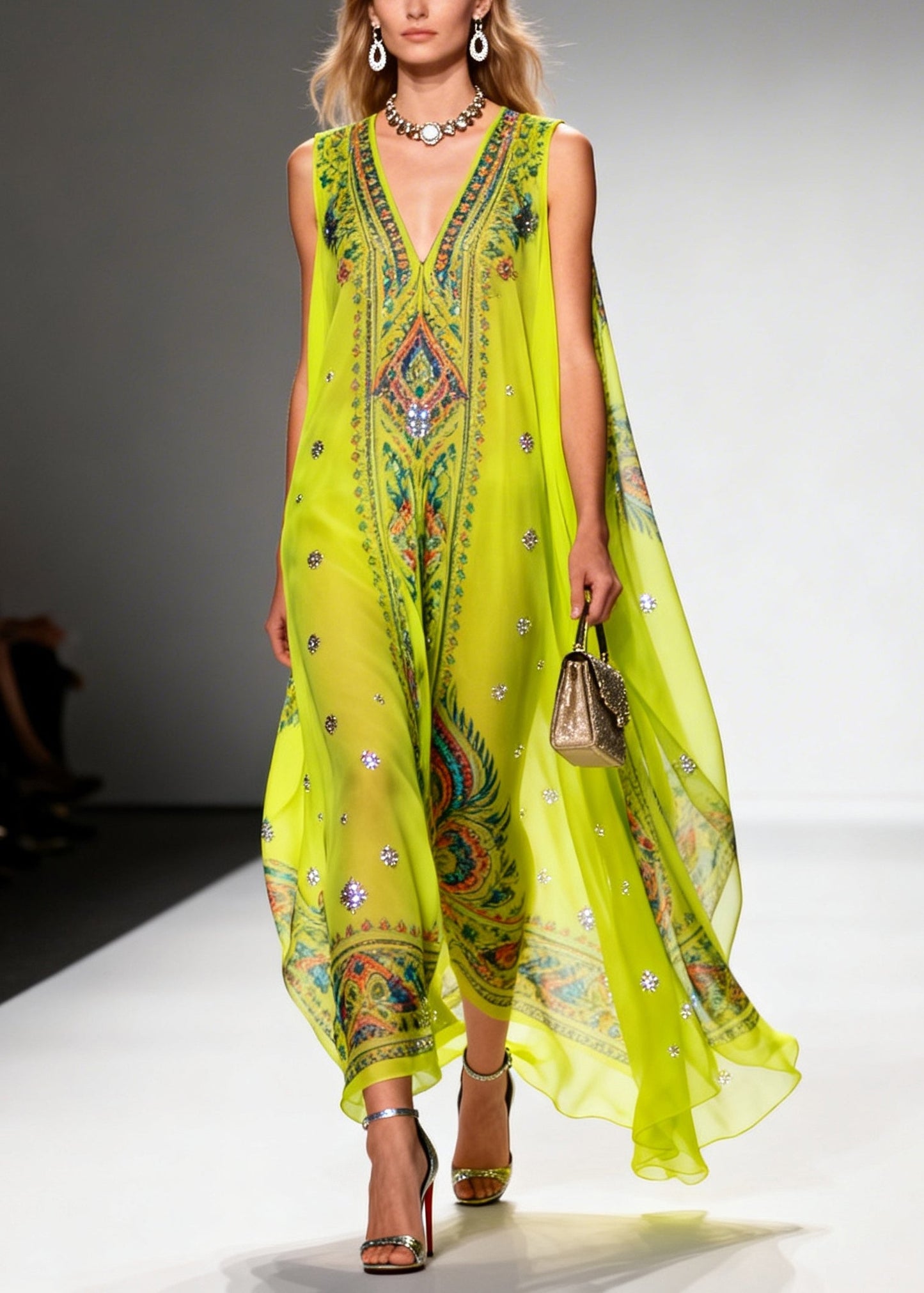Green Print Sparkly Draping Chiffon Holiday Dresses Summer