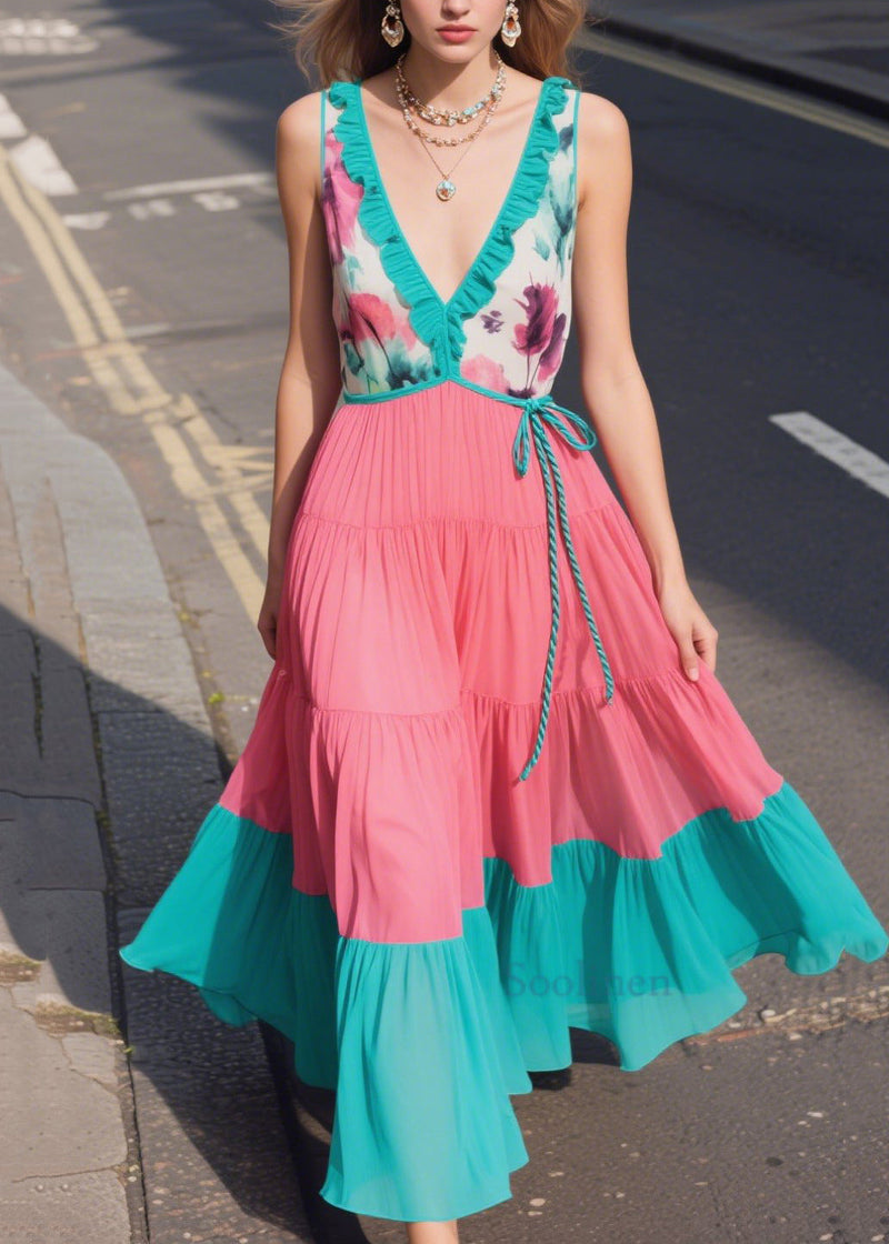 Green Ruffled Patchwork Chiffon Sun Dresses Summer