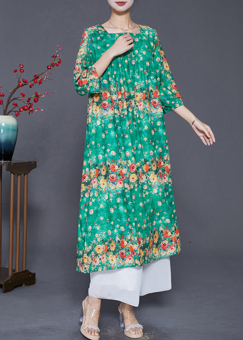 Green Square Collar Print Silk Dresses Summer