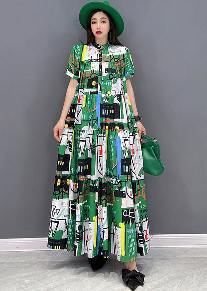 Green Stand Collar Patchwork Exra Large Hem Print Chiffon Maxi Dress Short Sleeve