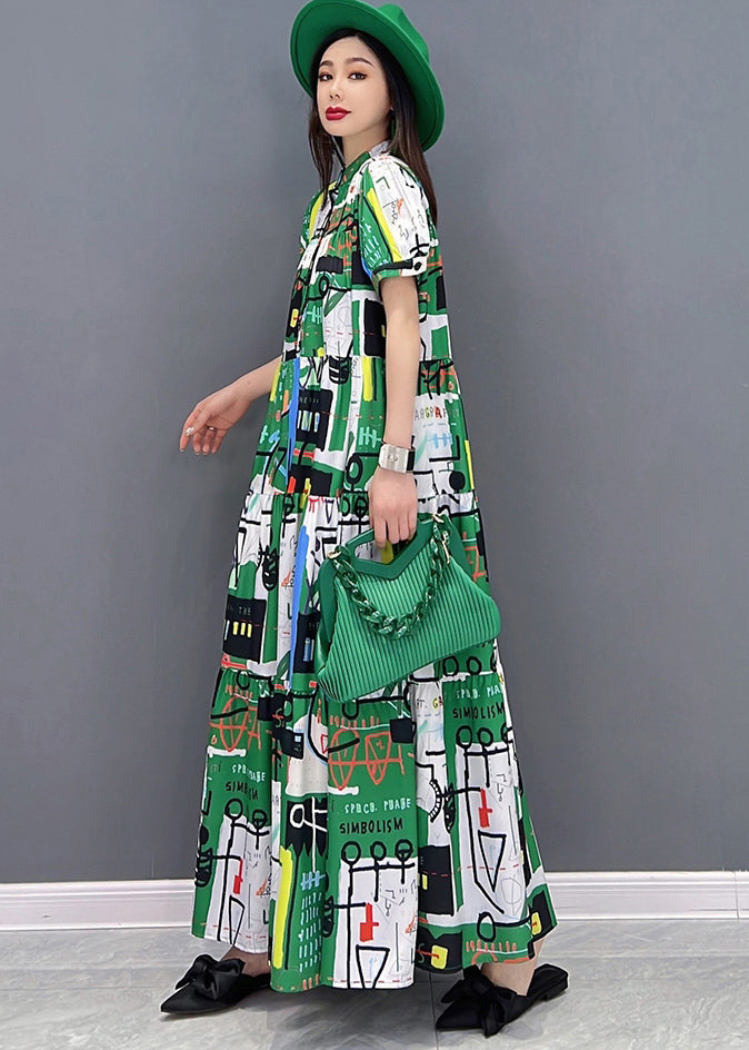 Green Stand Collar Patchwork Exra Large Hem Print Chiffon Maxi Dress Short Sleeve
