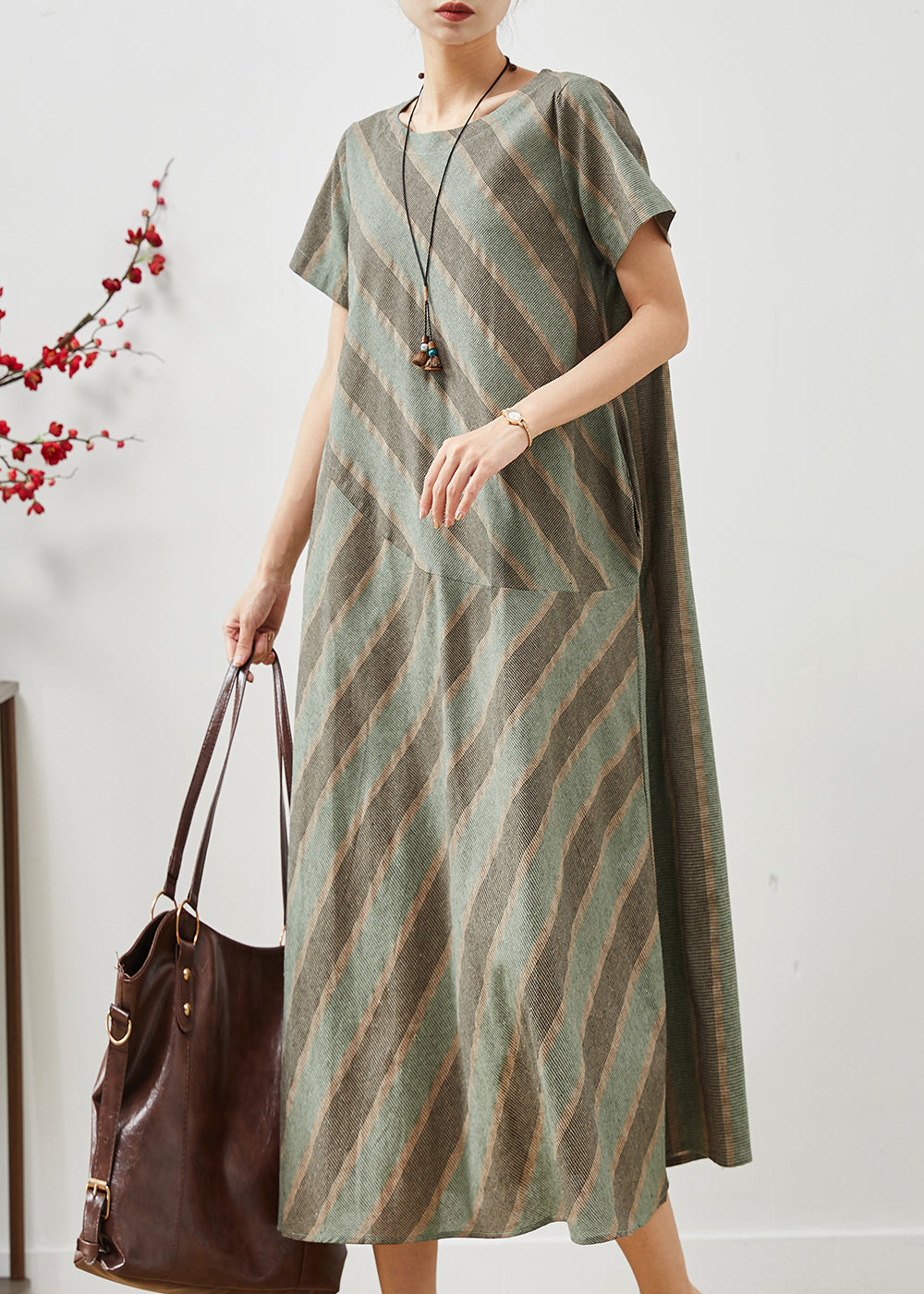 Green Striped Patchwork Cotton Long Dress Summer