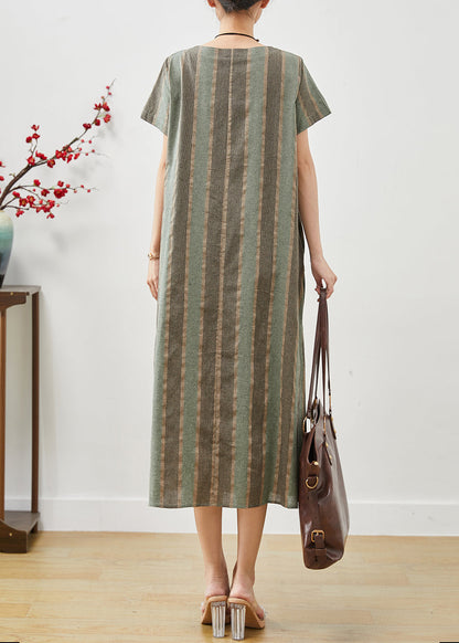 Green Striped Patchwork Cotton Long Dress Summer