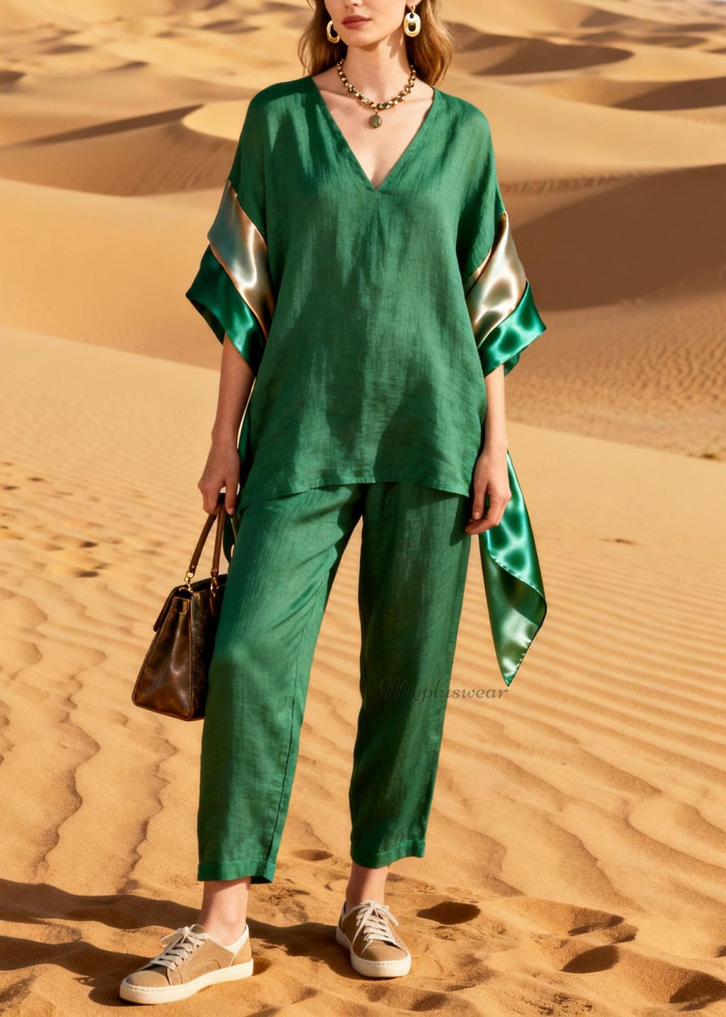 Green Top and Pants Patchwork Linen Silk Two Pieces Set Summer