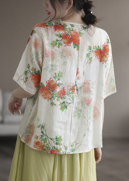 Green V Neck Asymmetrical Print Button Linen Shirts Short Sleeve