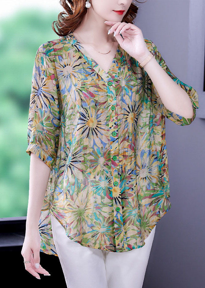 Green V Neck Oversized Print Chiffon Shirt Tops Half Sleeve