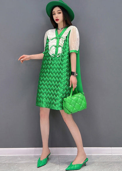 Green V Neck Patchwork Chiffon Mid Dress Short Sleeve