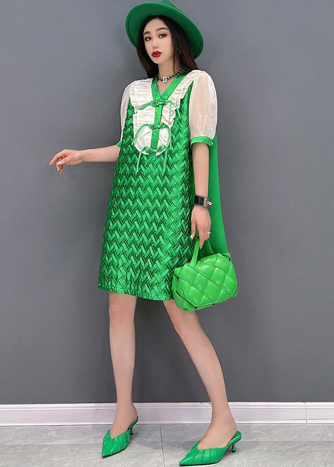 Green V Neck Patchwork Chiffon Mid Dress Short Sleeve