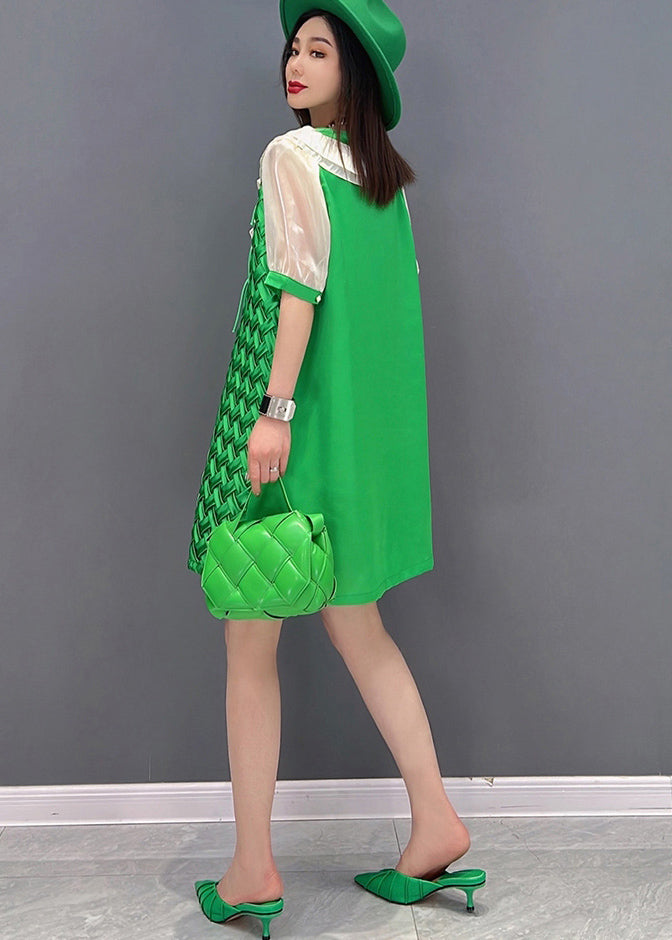 Green V Neck Patchwork Chiffon Mid Dress Short Sleeve
