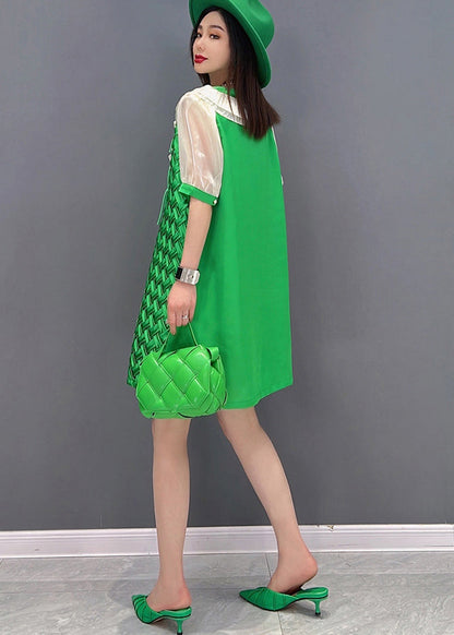 Green V Neck Patchwork Chiffon Mid Dress Short Sleeve