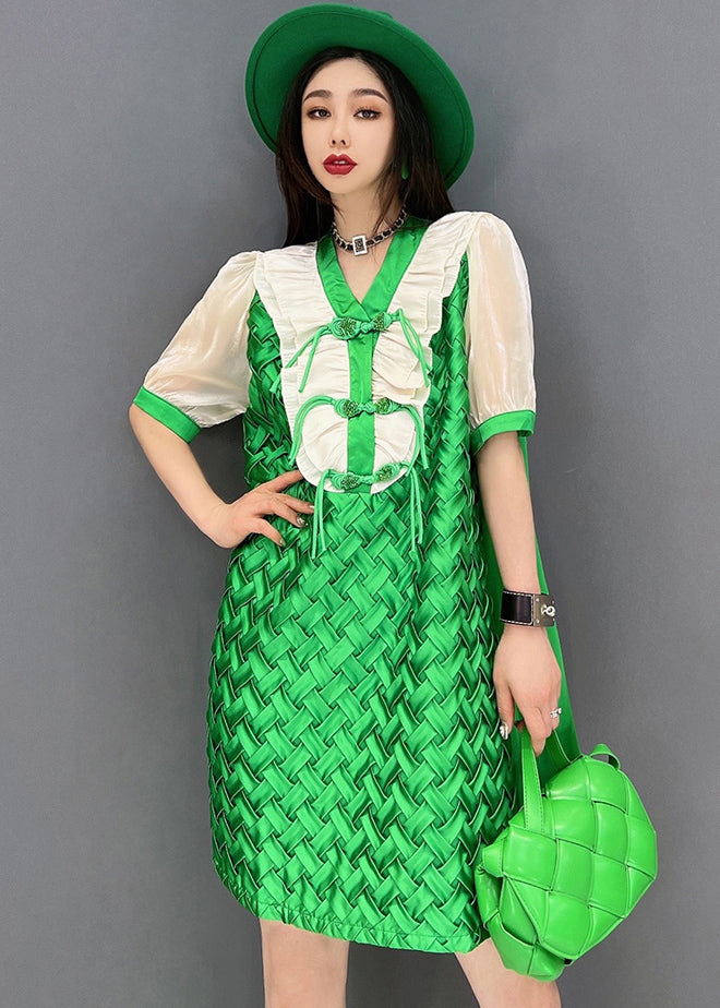 Green V Neck Patchwork Chiffon Mid Dress Short Sleeve