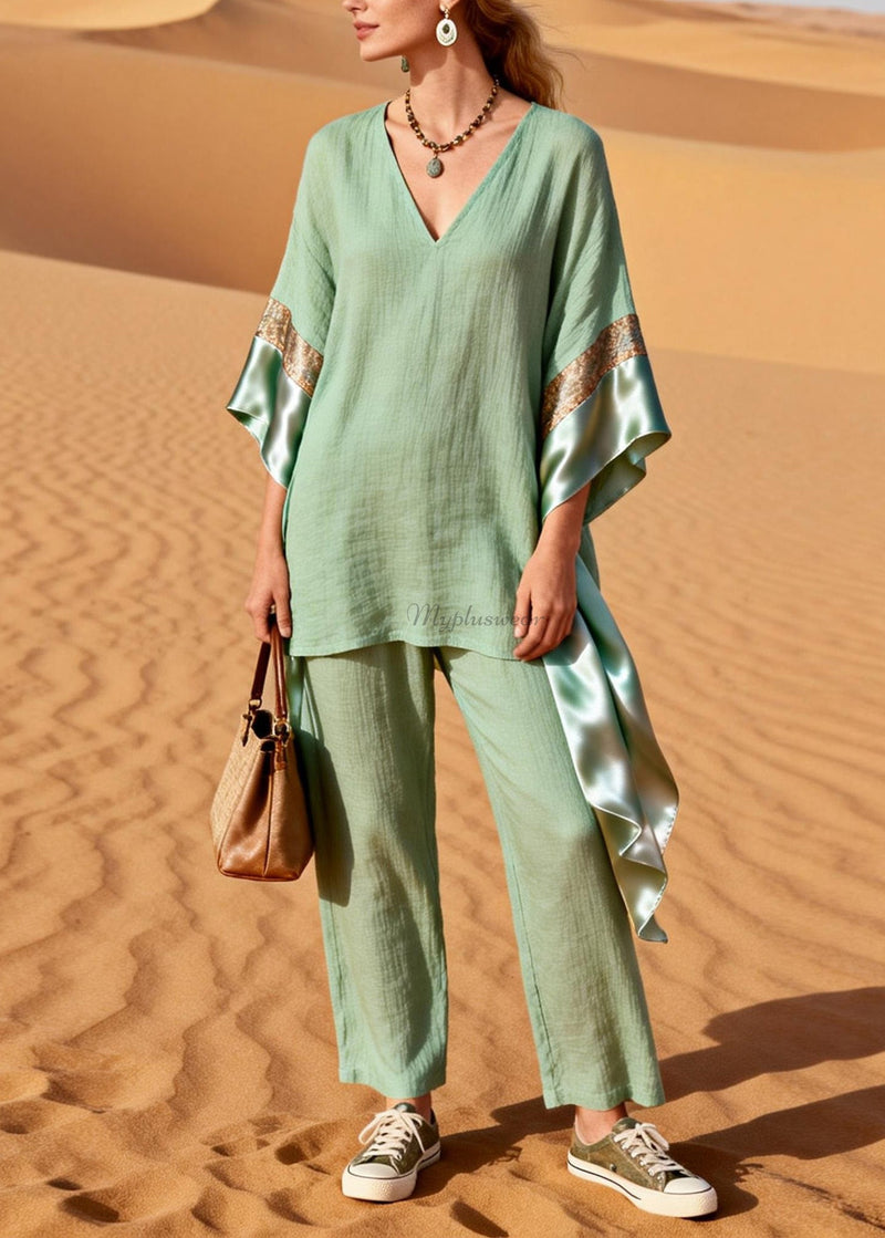 Green V Neck Patchwork Linen Silk Two Pieces Set Summer