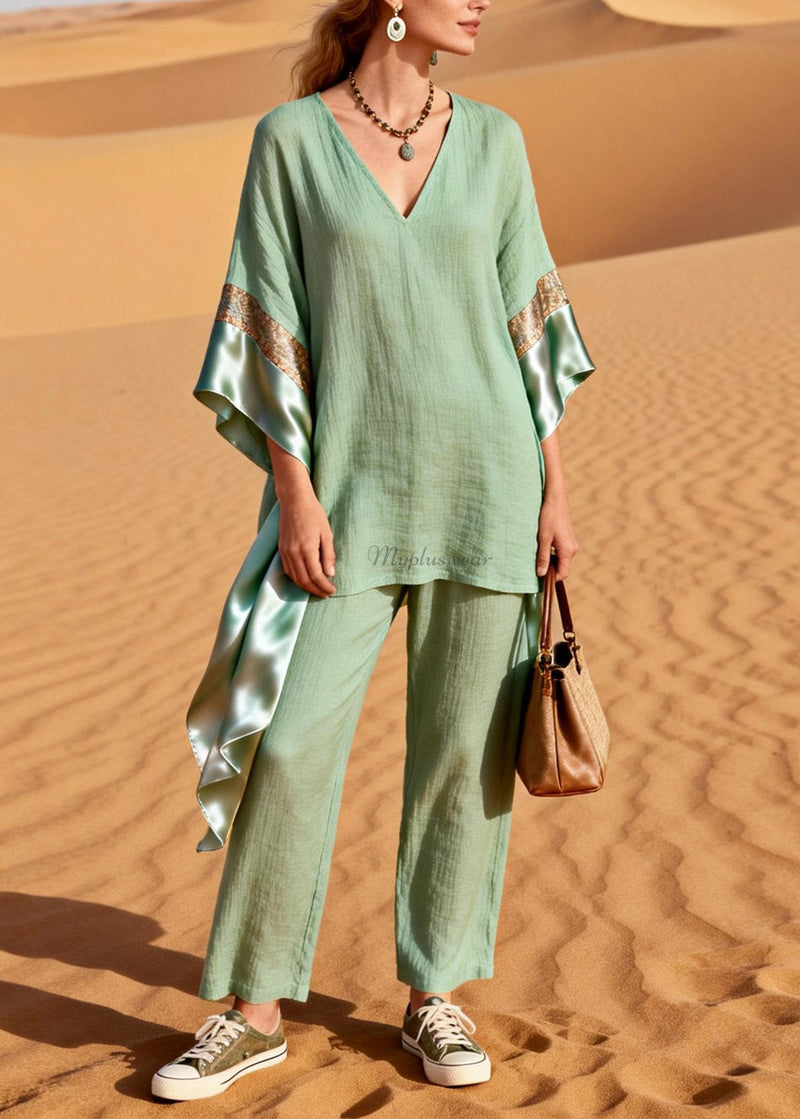 Green V Neck Patchwork Linen Silk Two Pieces Set Summer