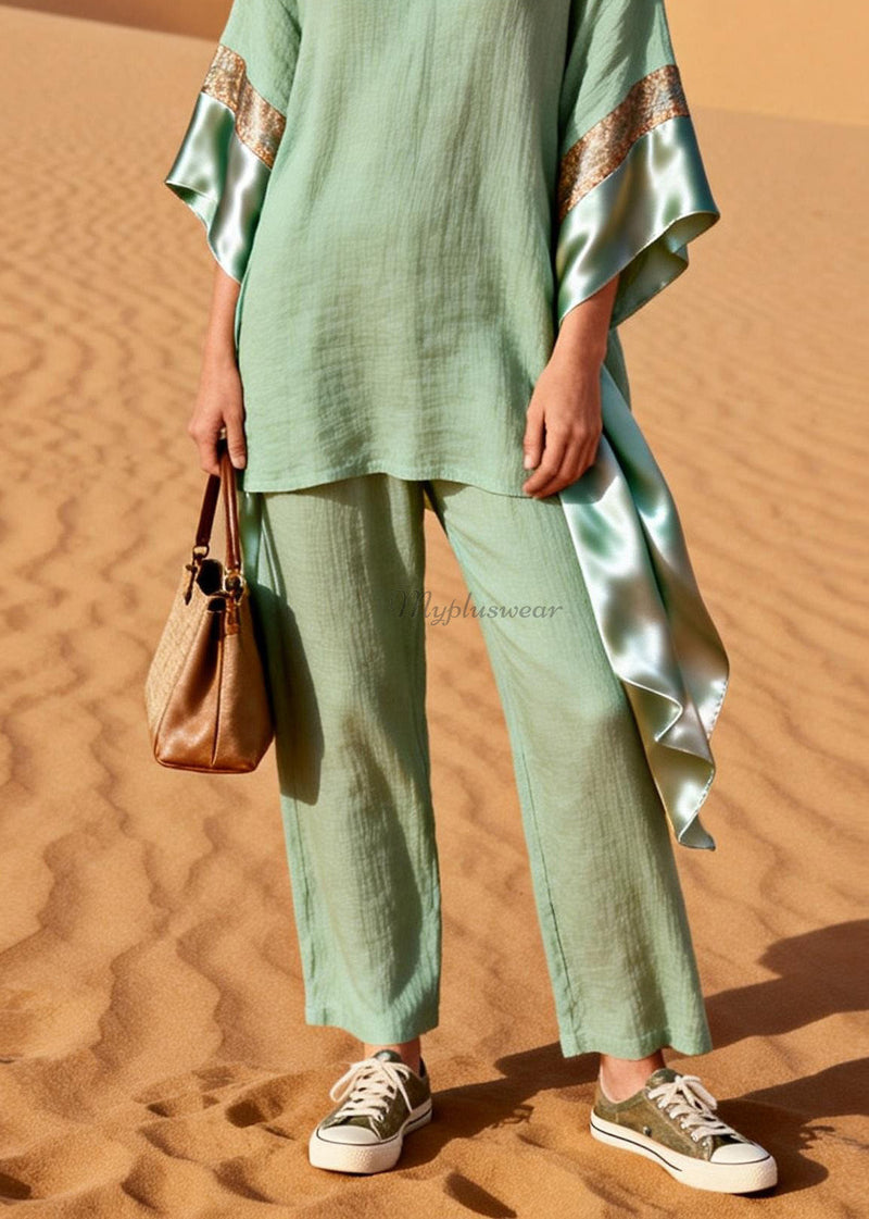 Green V Neck Patchwork Linen Silk Two Pieces Set Summer