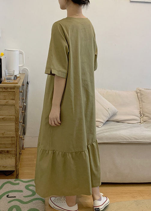 Green V Neck Patchwork Wrinkled Cotton Dress Short Sleeve