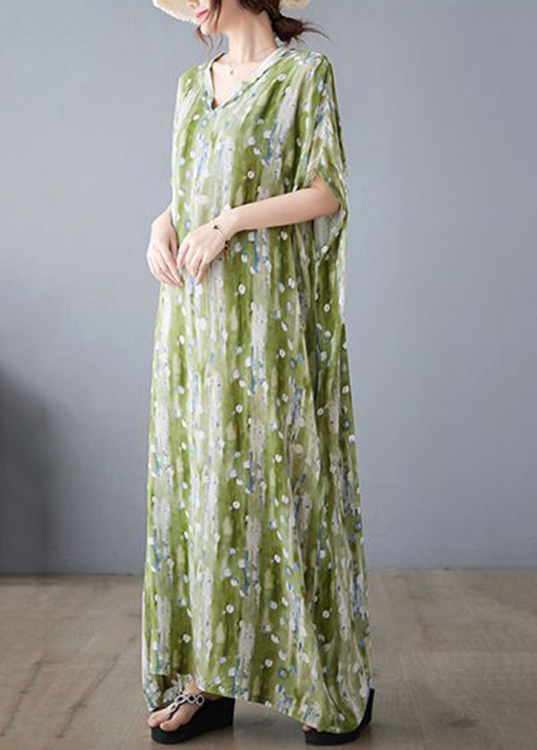 Green V Neck Print Linen Long Dress Summer