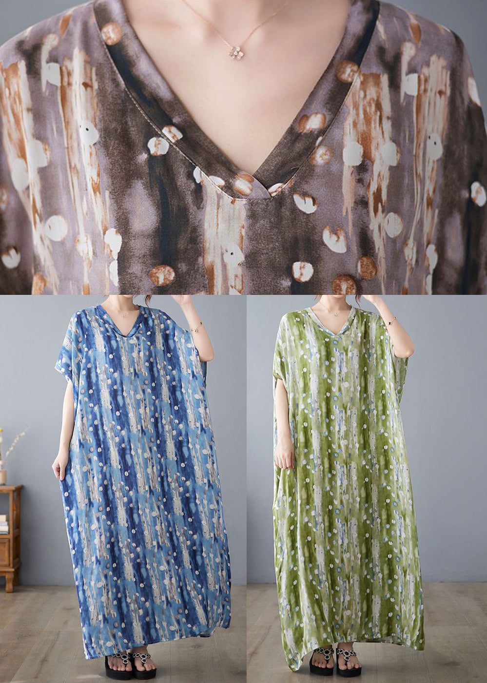 Green V Neck Print Linen Long Dress Summer