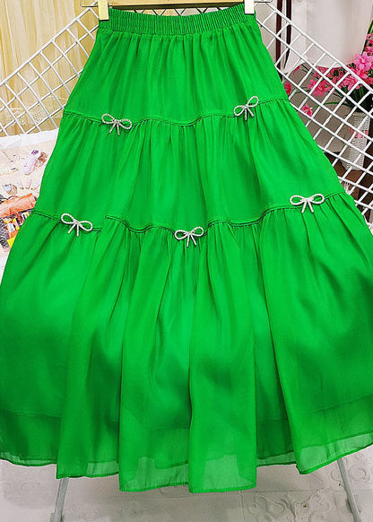 Green Wrinkled Patchwork Bow Zircon Tulle Skirt Summer