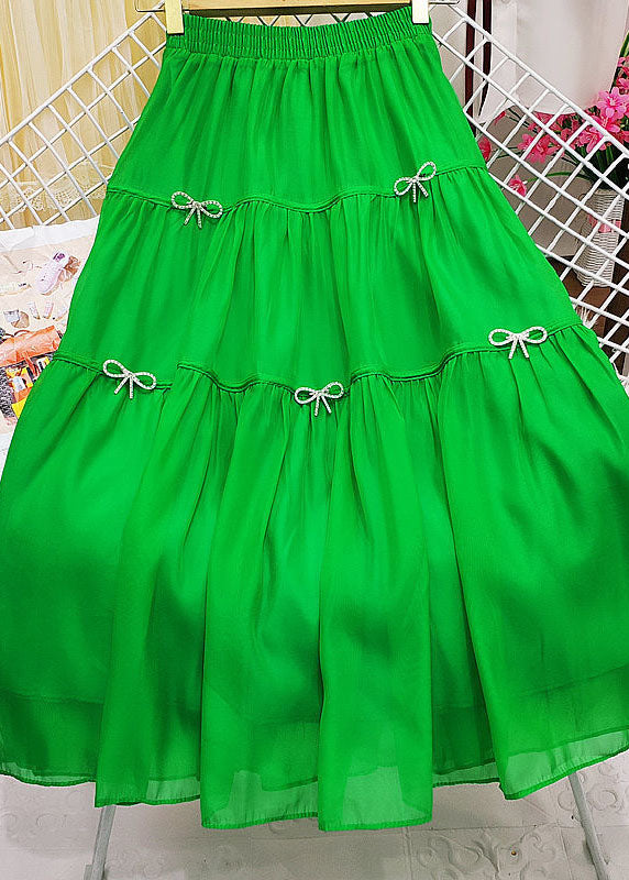 Green Wrinkled Patchwork Bow Zircon Tulle Skirt Summer