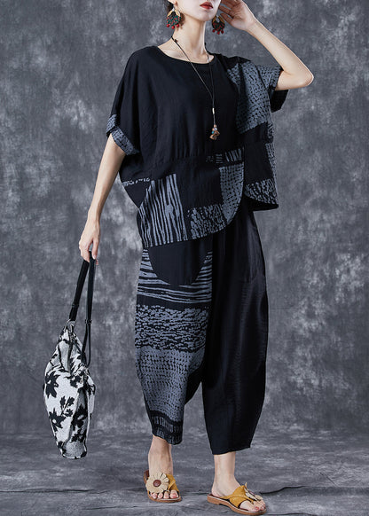 Grey Asymmetrical Patchwork Cotton 2 Piece Outfit Summer