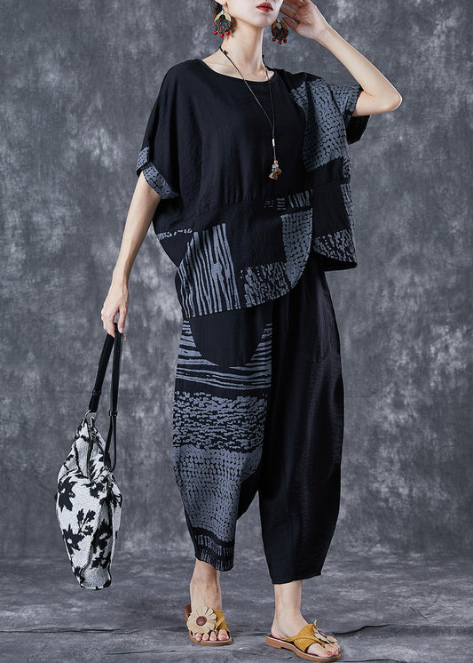 Grey Asymmetrical Patchwork Cotton 2 Piece Outfit Summer