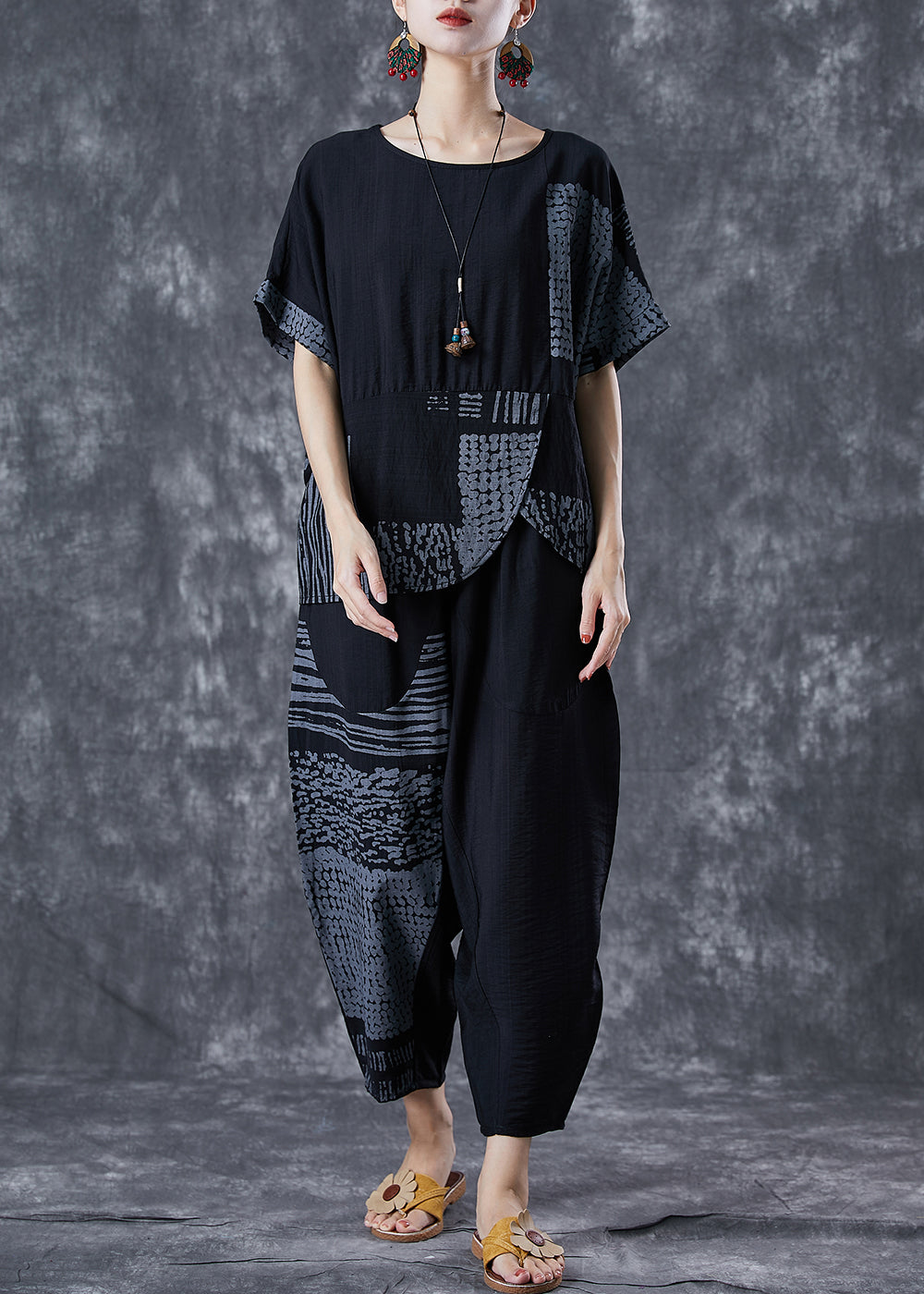 Grey Asymmetrical Patchwork Cotton 2 Piece Outfit Summer