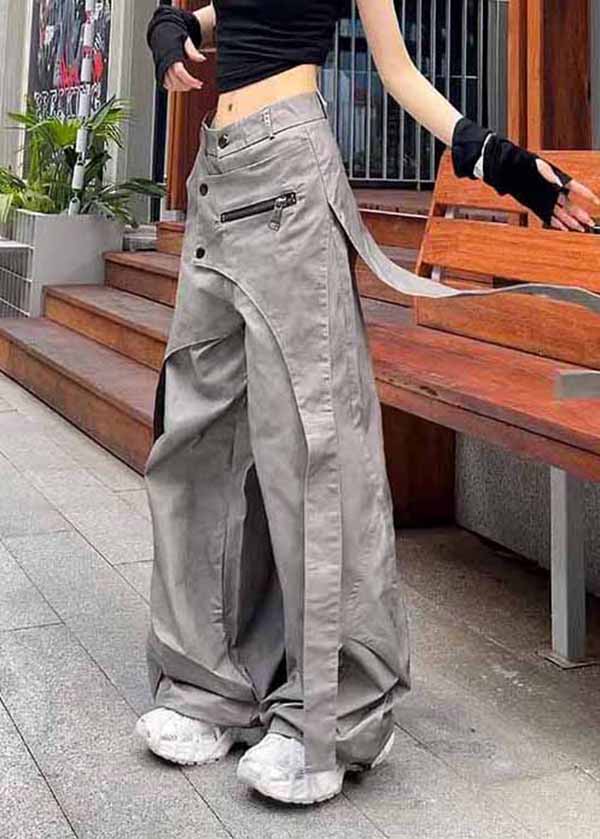 Grey Asymmetrical Pockets Patchwork Cotton Pants Spring