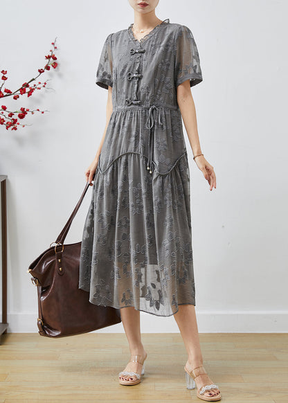 Grey Cinched Jacquard Chiffon Dress Summer