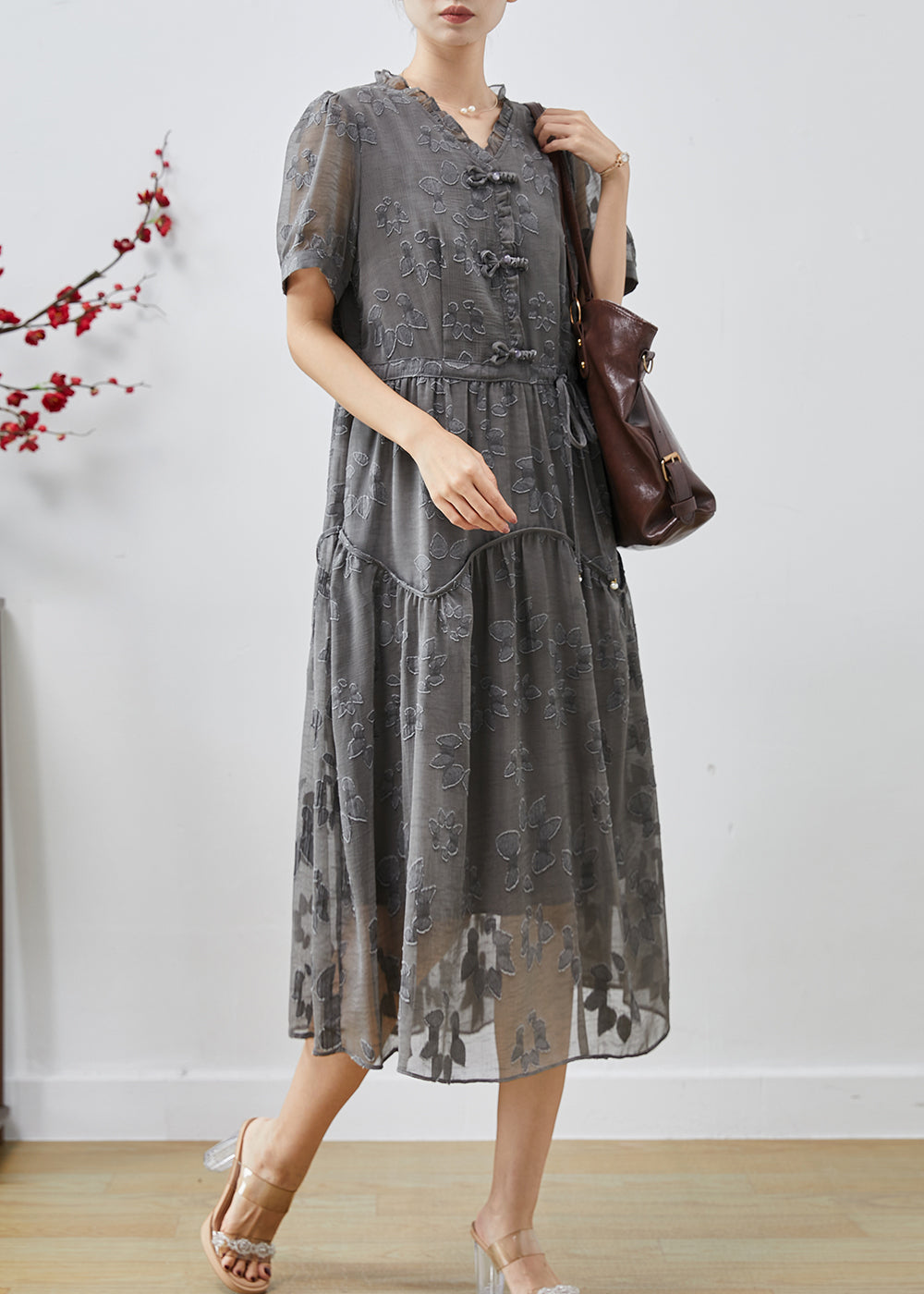 Grey Cinched Jacquard Chiffon Dress Summer