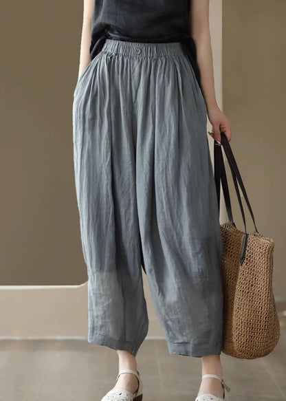 Grey Elastic Waist Pockets Patchwork Linen Lantern Pants Summer