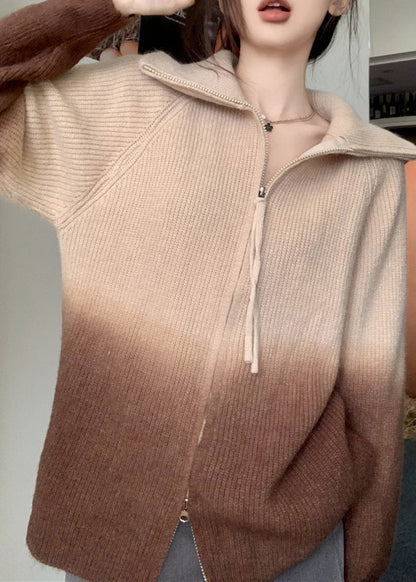 Grey Gradient Zip Up Patchwork Knit Jacket Winter