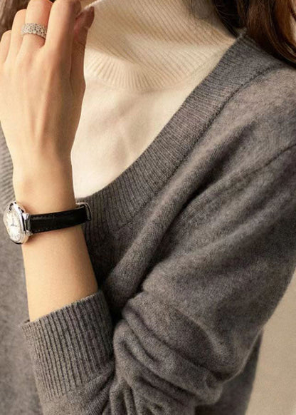 Grey Hign Neck Thick Patchwork Woolen Knit Pullover Fall