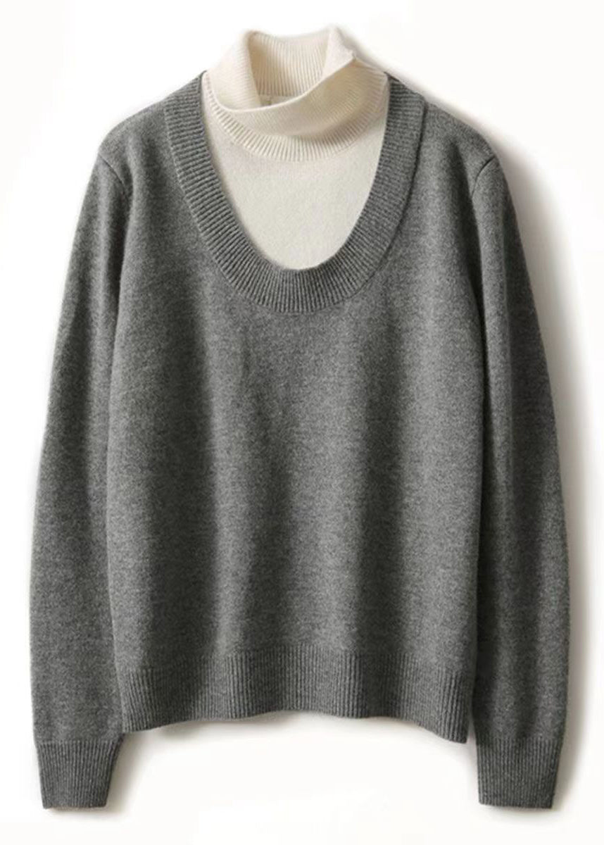 Grey Hign Neck Thick Patchwork Woolen Knit Pullover Fall