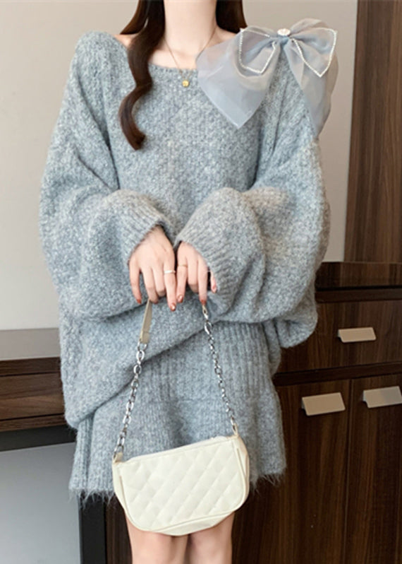 Grey O-neck Cotton Knit Sweaters and Skirts Two Piece Set Winter