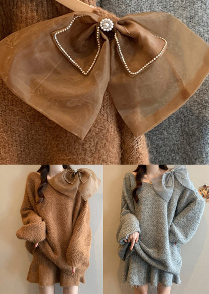 Grey O-neck Cotton Knit Sweaters and Skirts Two Piece Set Winter