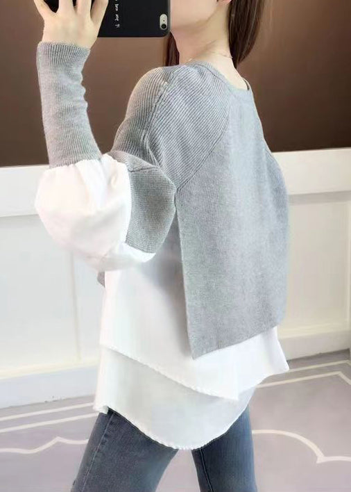 Grey O Neck False Two Pieces Patchwork Knit Sweater Top Fall