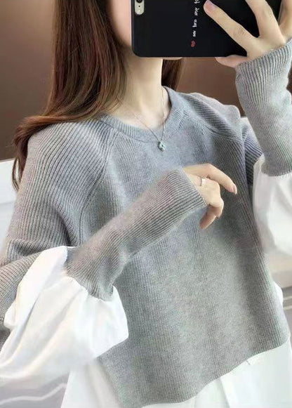 Grey O Neck False Two Pieces Patchwork Knit Sweater Top Fall