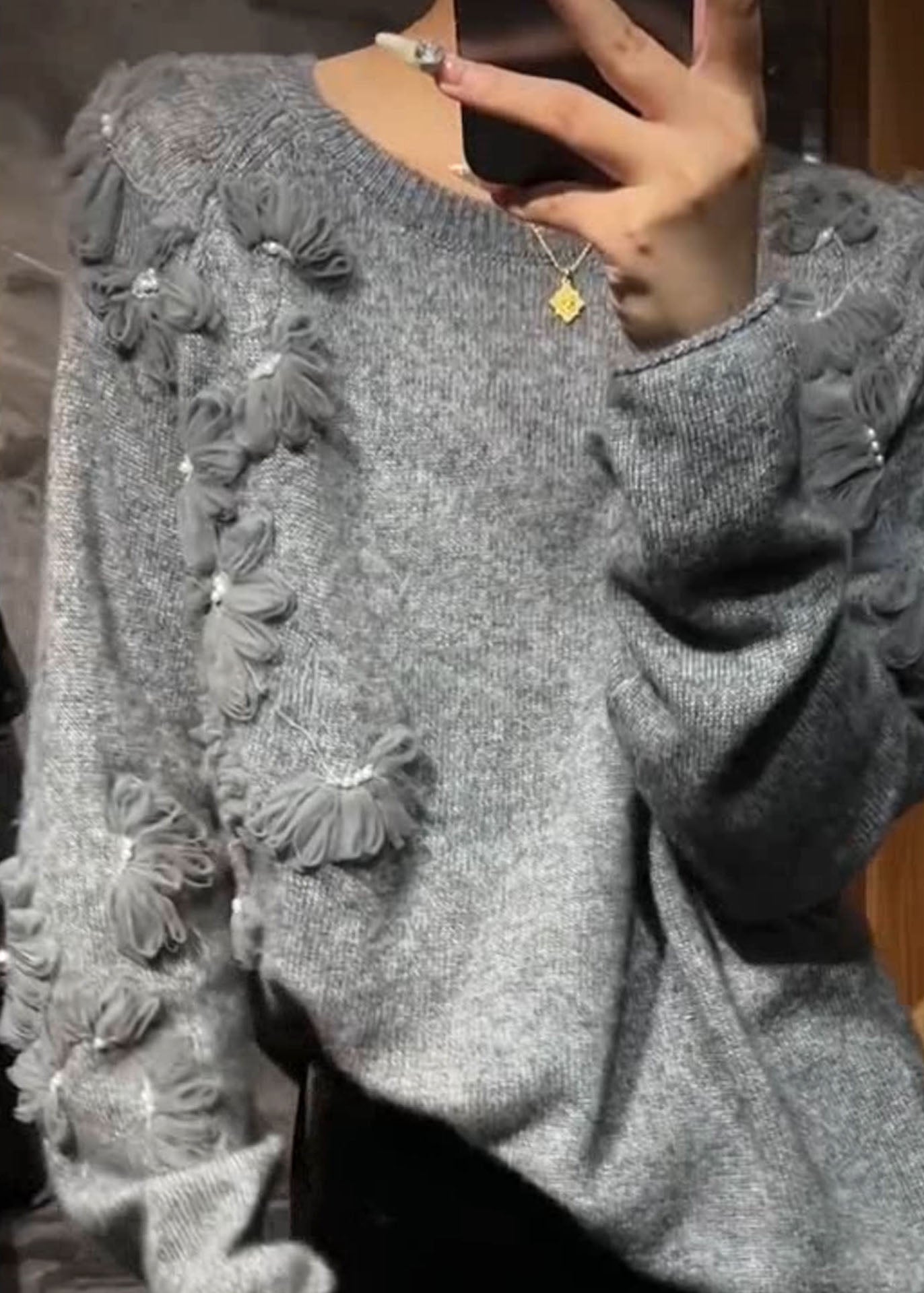 Grey O-neck Cotton Knit Sweater Spring