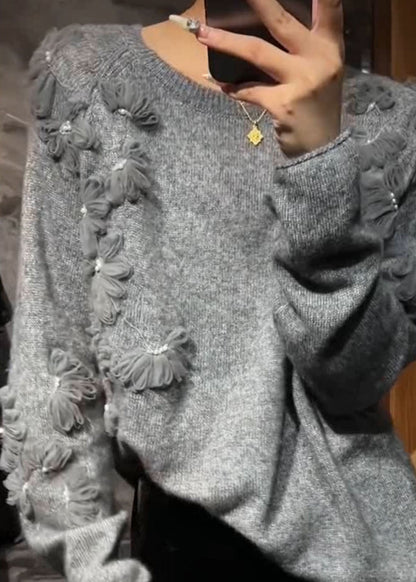 Grey O-neck Cotton Knit Sweater Spring