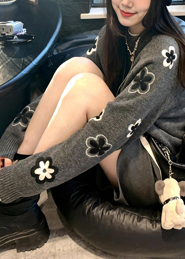 Grey O Neck Knit Sweater Tops Spring