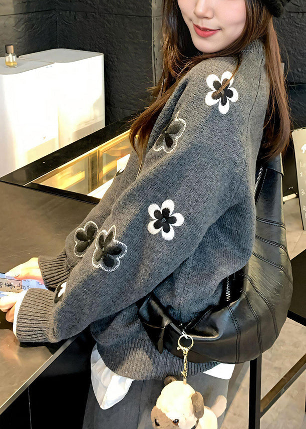 Grey O Neck Knit Sweater Tops Spring