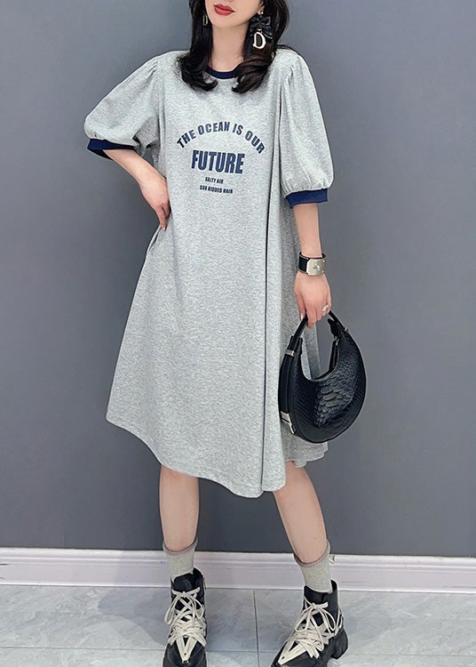 Grey O-neck Graphic Print Maxi Dress Summer