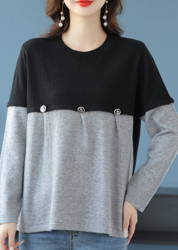 Grey O Neck Patchwork Knit Sweater Spring