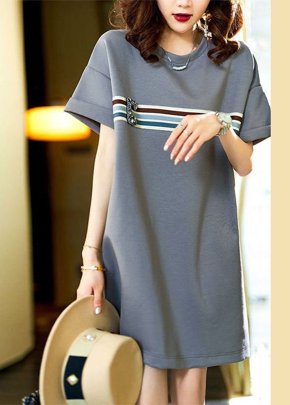 Grey O Neck Zircon Patchwork Cotton T Shirt Dresses Summer