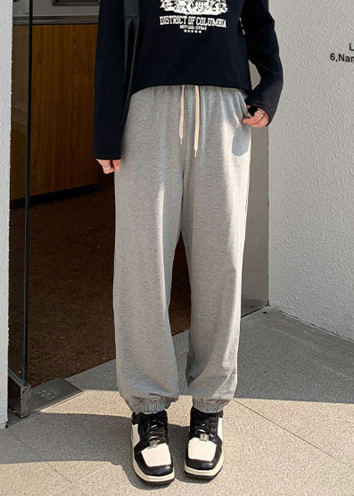 Grey Oversized Drawstring Cotton Sweatshirt Pants Fall