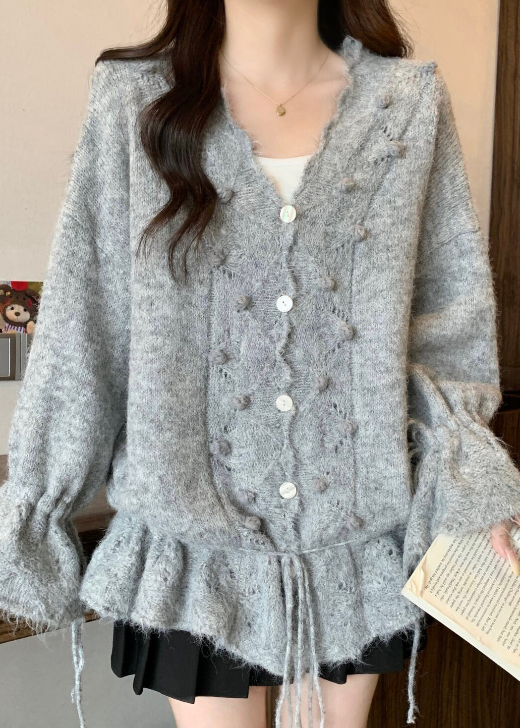 Grey Oversized Fuzzy Ball Decorated Knit Cardigans Fall