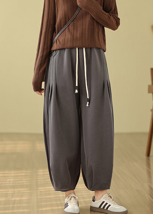 Grey Pockets Elastic Waist Warm Fleece Pants Winter