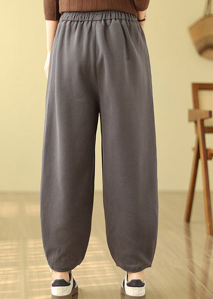 Grey Pockets Elastic Waist Warm Fleece Pants Winter