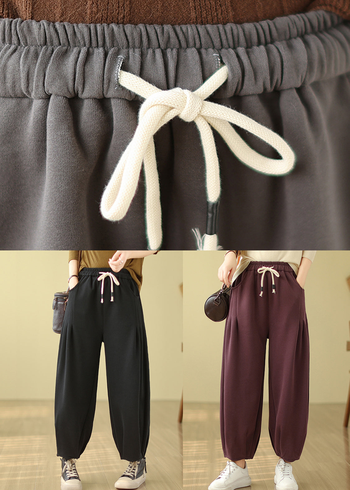 Grey Pockets Elastic Waist Warm Fleece Pants Winter